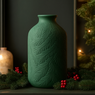 Vase en céramique vert forêt mat – Motif branches de pin en relief