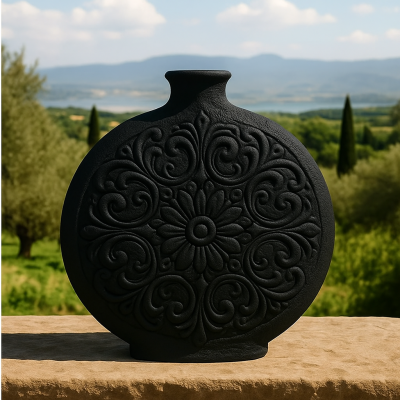Vase décoratif noir au motif floral en relief Sicilia – Style toscan intemporel